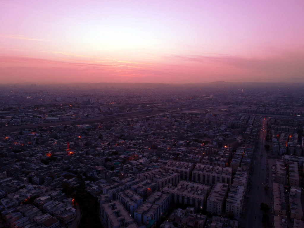 Drone image capturing sunset and Lyari expressway during lockdown in 2020.